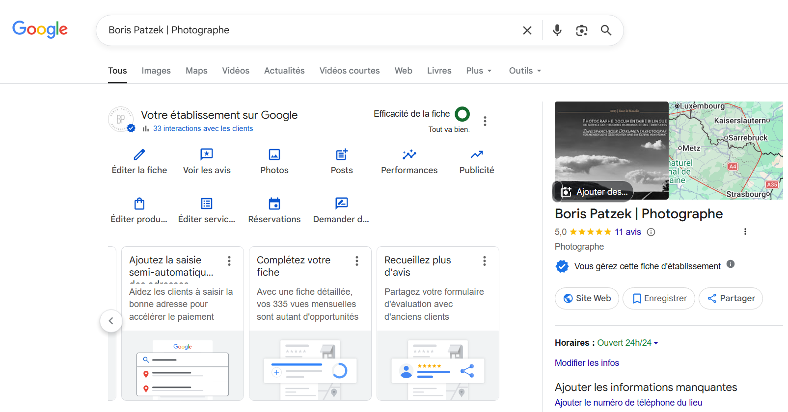 Capture d'écran de la page Votre établissement sur Google de Boris Patzek Photographe